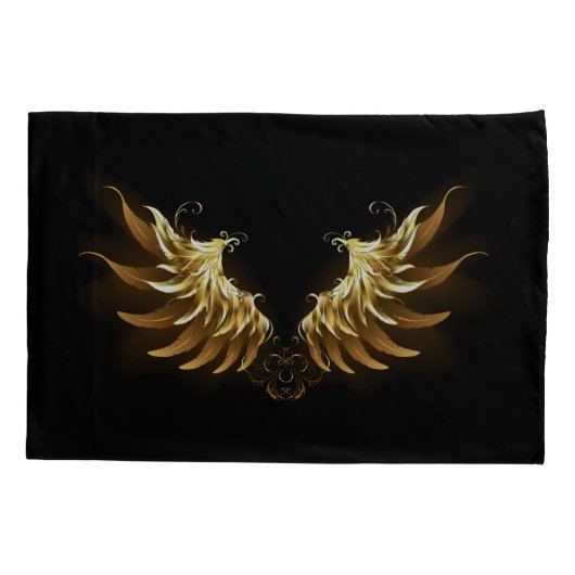 黒い背景の黄金の天使の翼 枕カバー (裏面-左)