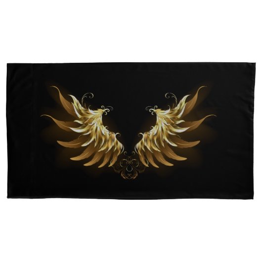 黒い背景の黄金の天使の翼 枕カバー (正面左)