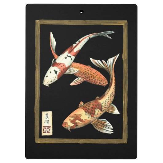 黒い背景の2人の日本人のコイの金魚 クリップボード (裏面)