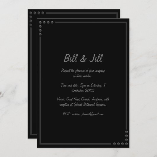 黒い背景の3Dシルバーフレーム結婚 招待状 (正面/裏面)