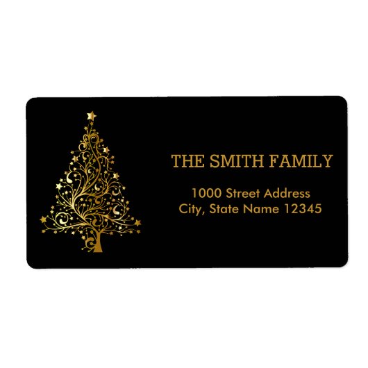 黒い背景を持つクリスマス金ゴールドツリー ラベル (正面)
