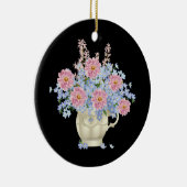 黒い背景を持つピンクと青の花 セラミックオーナメント (右)