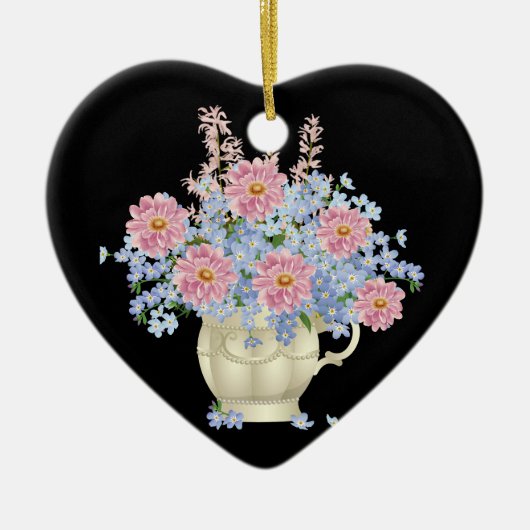 黒い背景を持つピンクと青の花 セラミックオーナメント (正面)