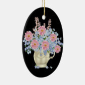 黒い背景を持つピンクと青の花 セラミックオーナメント (右)