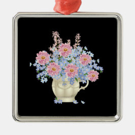 黒い背景を持つピンクと青の花 メタルオーナメント