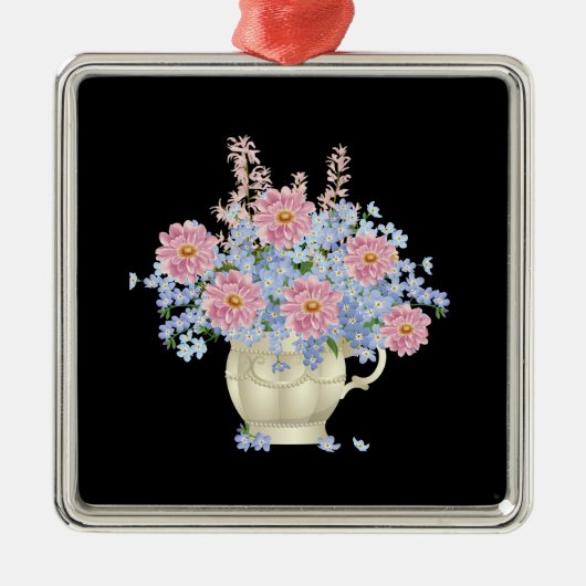 黒い背景を持つピンクと青の花 メタルオーナメント (正面)