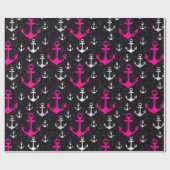 黒い背景を持つピンクの白いいかり ラッピングペーパー (フラット)