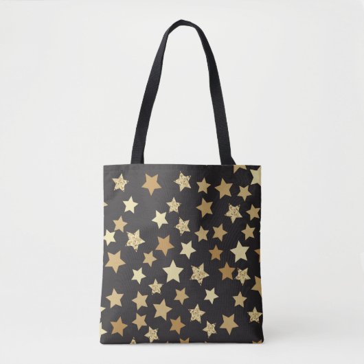黒い背景パターンの黄金の星 トートバッグ (正面)