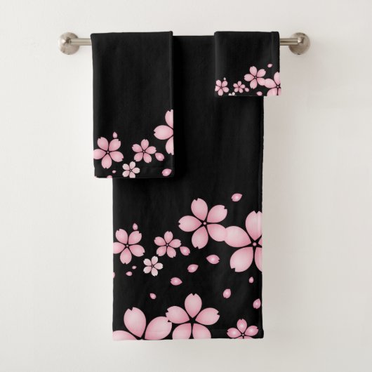 黒い背景ピンクのフローラ縁ど バスタオルセット (インサイチュ)