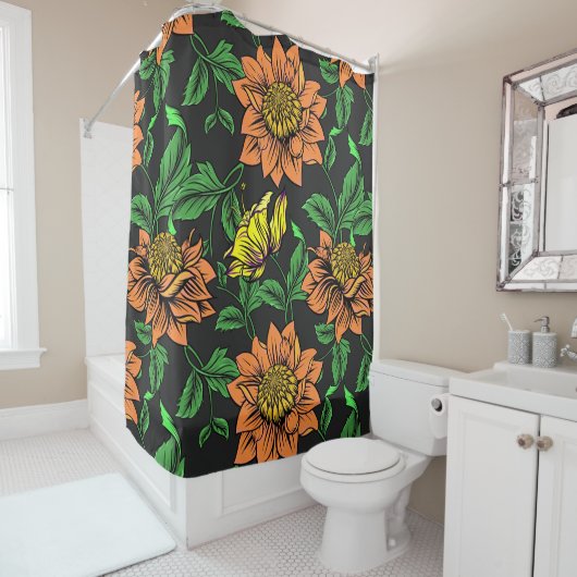 黒い背景ポップ・アートのから明るい花 シャワーカーテン (インサイチュ)