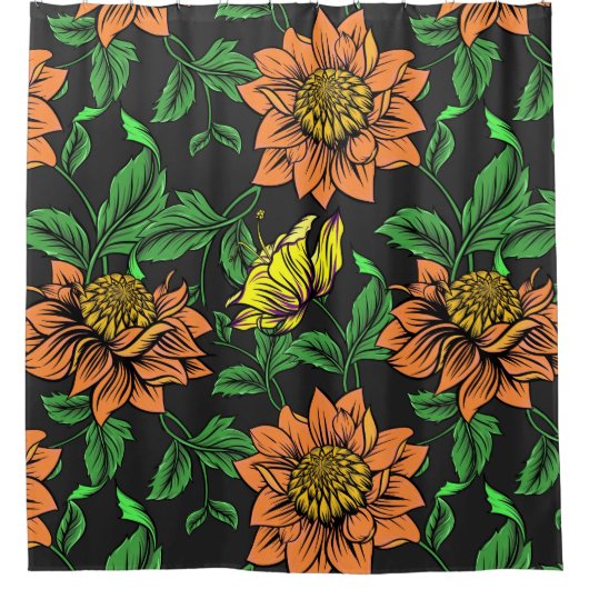 黒い背景ポップ・アートのから明るい花 シャワーカーテン (正面)