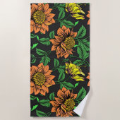 黒い背景ポップ・アートのから明るい花 ビーチタオル (正面)