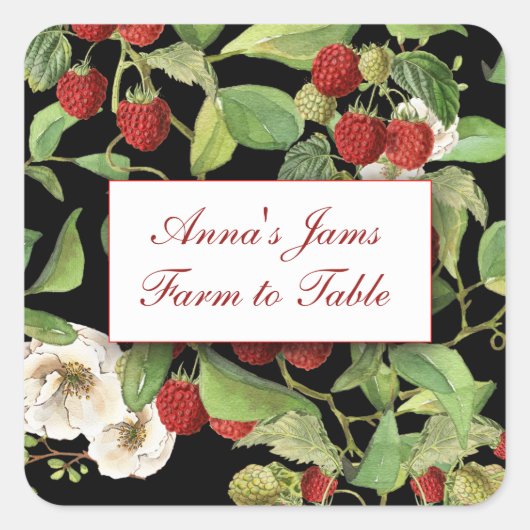 黒い背景ラベルの植物性ラズベリー スクエアシール (正面)