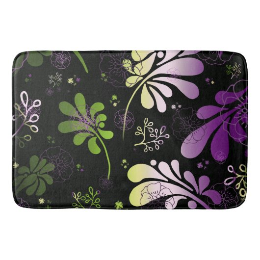 黒い背景葉に様式化された花と花 バスマット (正面)