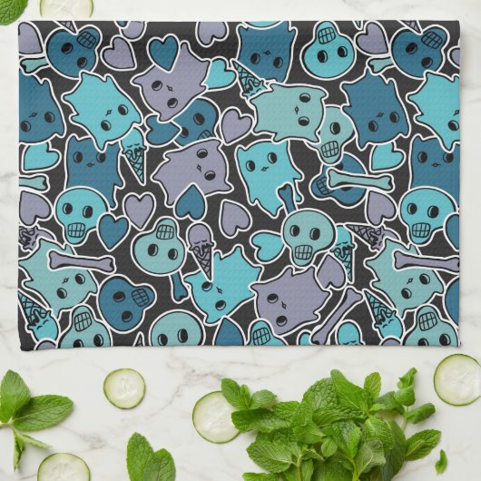 黒い背景2のスカルおよびハート キッチンタオル (折り畳み)