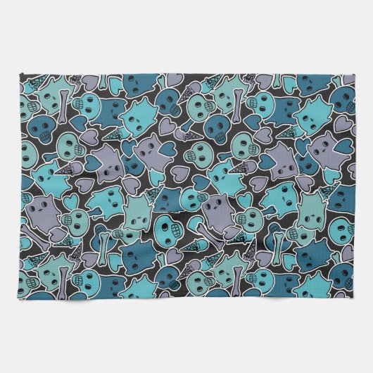 黒い背景2のスカルおよびハート キッチンタオル (横)