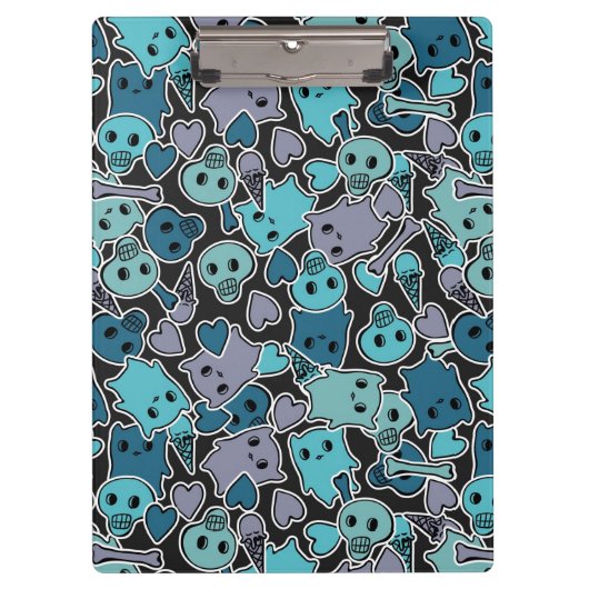 黒い背景2のスカルおよびハート クリップボード (正面)
