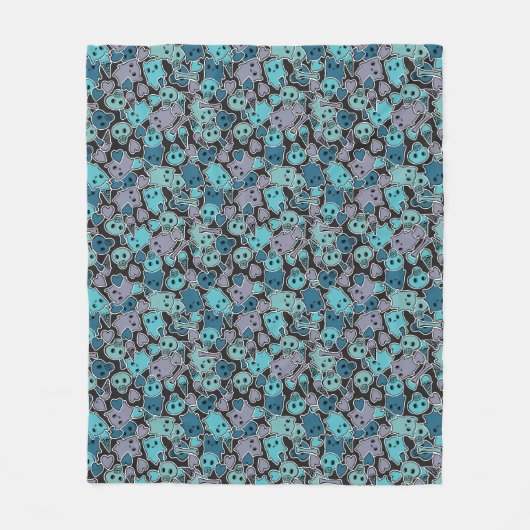 黒い背景2のスカルおよびハート フリースブランケット (正面)