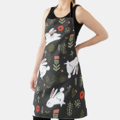 黒い背景、白いウサギ、フローラヴィンテージ。 エプロン (インサイチュ)