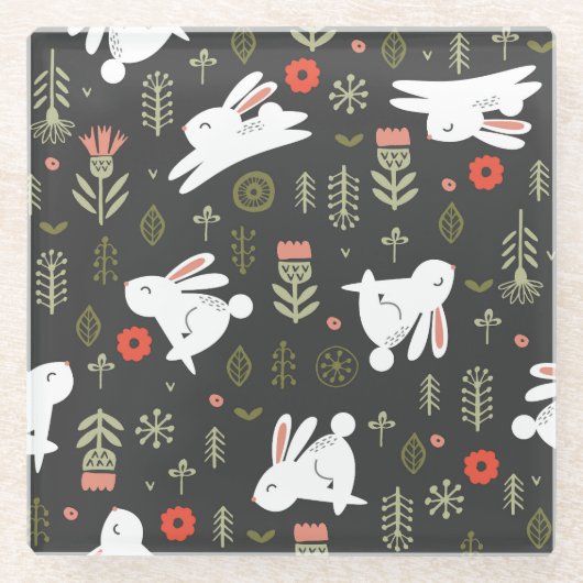 黒い背景、白いウサギ、フローラヴィンテージ。 ガラスコースター (正面)