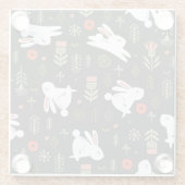 黒い背景、白いウサギ、フローラヴィンテージ。 ガラスコースター (裏面)