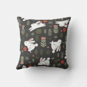 黒い背景、白いウサギ、フローラヴィンテージ。 クッション (裏面)