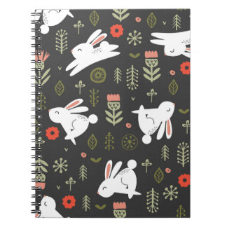 黒い背景、白いウサギ、フローラヴィンテージ。 ノートブック