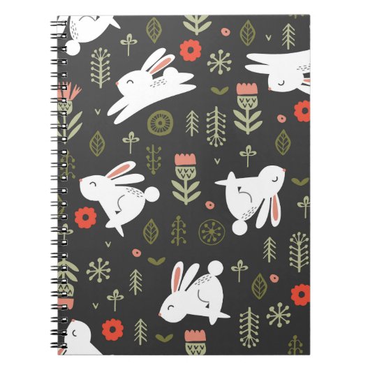 黒い背景、白いウサギ、フローラヴィンテージ。 ノートブック (正面)