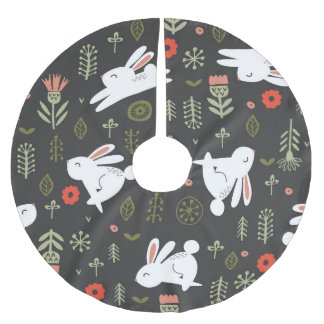 黒い背景、白いウサギ、フローラヴィンテージ。 ブラッシュドポリエステルツリースカート