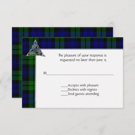 黒い腕時計のタータンチェック格子縞の結婚式 出欠カード (正面/裏面)