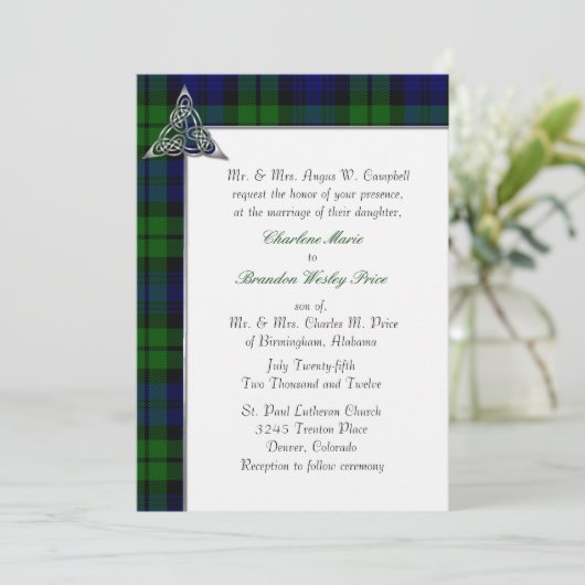 黒い腕時計のタータンチェック格子縞の結婚式 招待状 (スタンド正面)