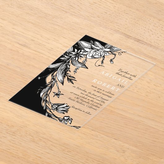 黒い花とタイポグラフィ結婚フローラ アクリル招待状 (レイダウン)