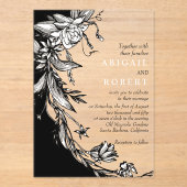 黒い花とタイポグラフィ結婚フローラ アクリル招待状 (正面)