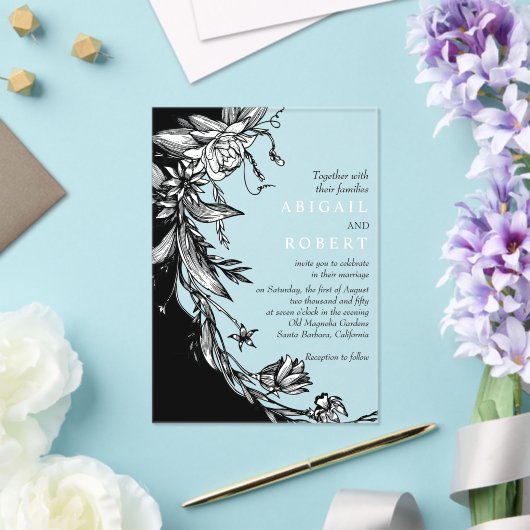 黒い花とタイポグラフィ結婚フローラ アクリル招待状 (インサイチュ (ウェディング))