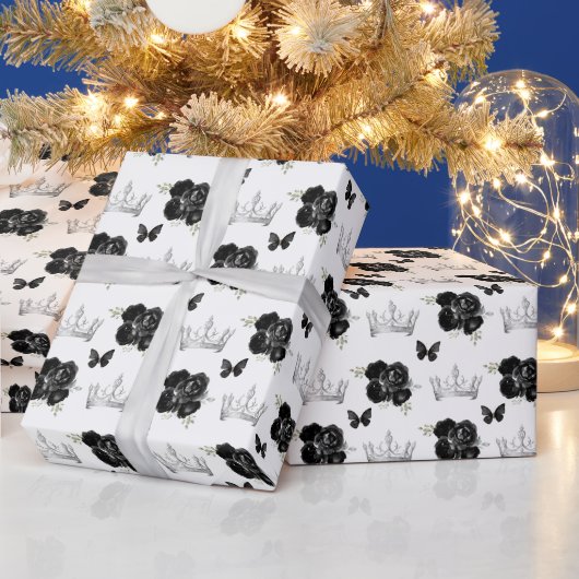 黒い花と銀の王冠 ラッピングペーパー (クリスマス)
