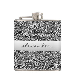 黒い花のペイズリーのパーソナライズな花婿の付添人 フラスク