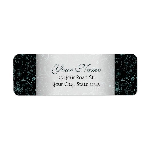 黒い花のボーダーの青 ラベル (正面)