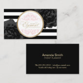 黒い花のモダンのストライプなイベントプランナーのスタイリスト 名刺 (正面/裏面)