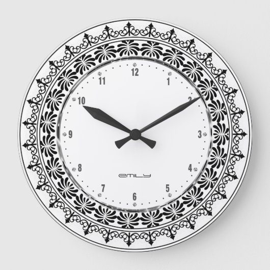 黒い花の円のレース ラージ壁時計 (正面)