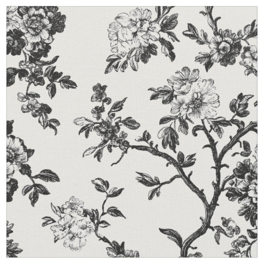 黒い花の枝トワール・パターン ファブリック (クローズアップ)