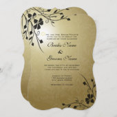 黒い花の渦巻き金ゴールドダマスクウェディング招待状 招待状 (正面/裏面)