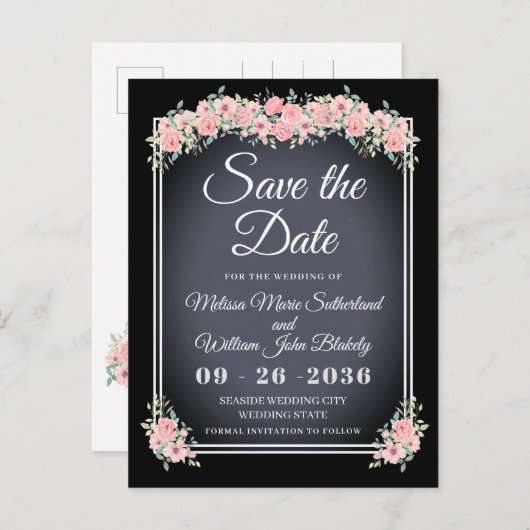 黒い花の黒板の結婚式の保存日付 インビテーションポストカード (正面/裏面)
