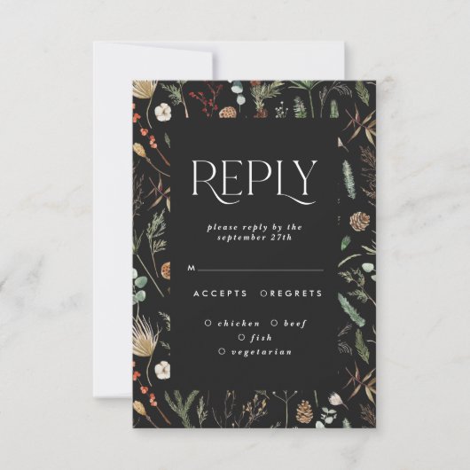 黒い花を基調とした、気品あるボタニカルなウェディングへの返信 招待状 (正面)