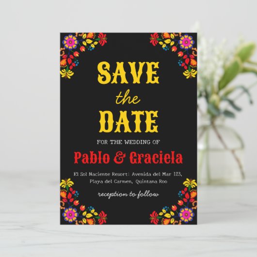 黒い花メキシコの日付を保存 招待状 (スタンド正面)