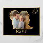 黒い花嫁と花婿のシェイプ写真ウェディングRSVP 箔招待状ポストカード (正面)