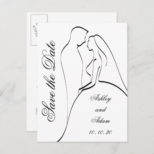 黒い花嫁と花婿のシルエット日付を保存 案内ポストカード (正面/裏面)