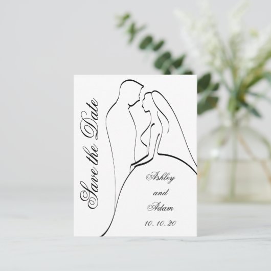 黒い花嫁と花婿のシルエット日付を保存 案内ポストカード (スタンド正面)