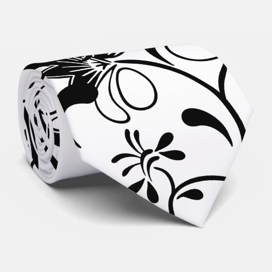 黒い花柄のユニークで黒くか白いデザインのタイ ネクタイ (ロール)