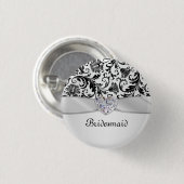 黒い花柄の渦巻のダマスク織の結婚式の新婦付添人 缶バッジ (正面&裏面)