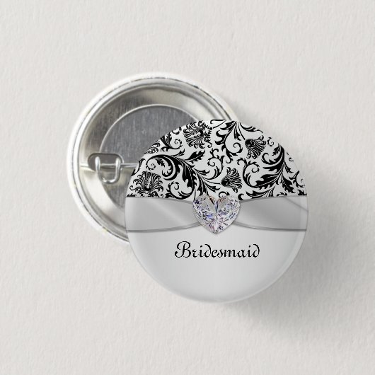 黒い花柄の渦巻のダマスク織の結婚式の新婦付添人 缶バッジ (正面&裏面)